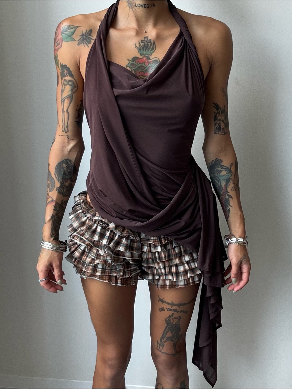 Dark Brown Draped Halter Top with Ruffled Plaid Shorts